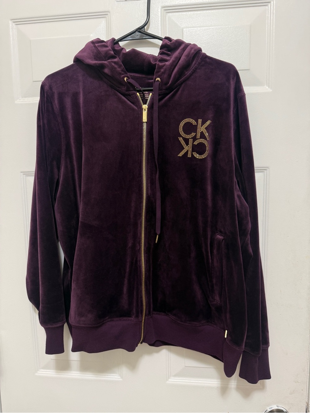 Calvin Klein Deep Plum Velour Zip Hoodie with Gold Logo